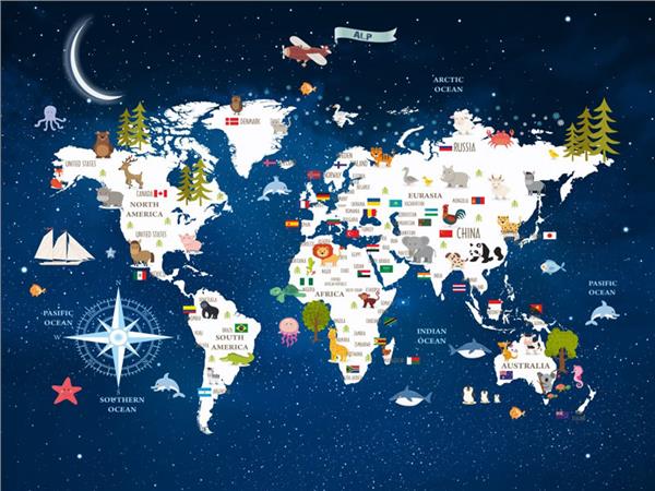 Dünya Haritası Yıldızlı Ay Çocuk Haritası Duvar Kağıdı