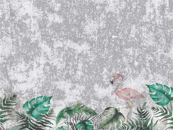 Tropikal Yapraklar ve Flamingo 3D Duvar Kağıdı