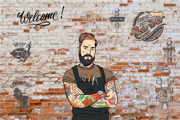 Vintage Berber Salonu Duvar Kağıdı – Tuğla Desenli Erkek Kuaförü Dekoratif Duvar Kağıdı