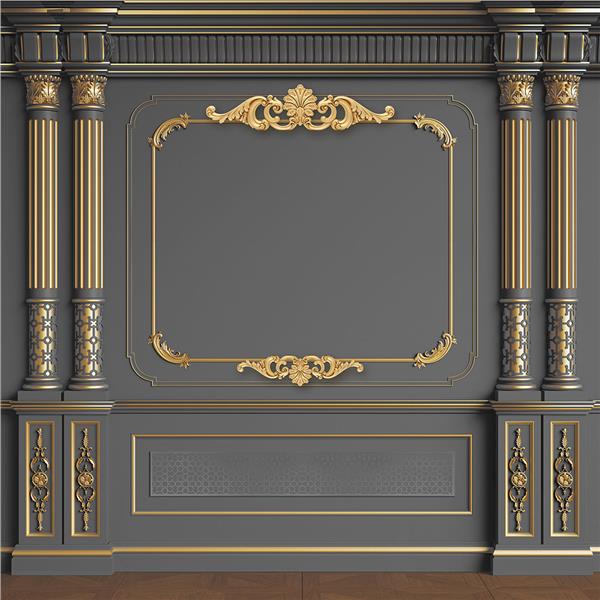 Gold Sütun ve Dekoratif Çıta Desenli Klasik Duvar Kağıdı