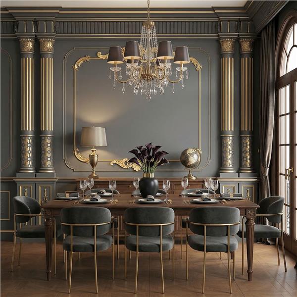 Gold Sütun ve Dekoratif Çıta Desenli Klasik Duvar Kağıdı