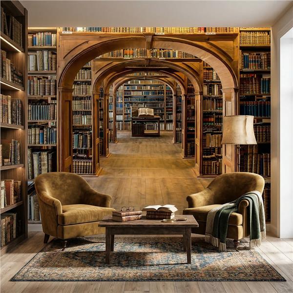 Klasik Kütüphane ve Kitaplık Desenli Duvar Kağıdı