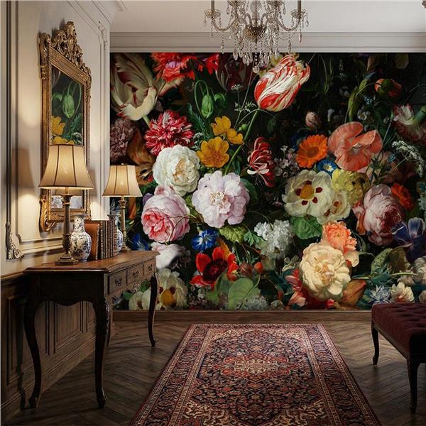 Siyah Zemin Büyük Çiçek Desen Duvar Kağıdı