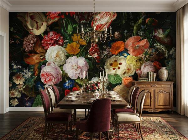 Siyah Zemin Büyük Çiçek Desen Duvar Kağıdı