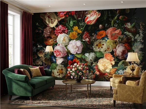 Siyah Zemin Büyük Çiçek Desen Duvar Kağıdı