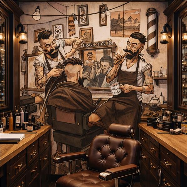 Retro İllüstrasyon Erkek Kuaförü Duvar Kağıdı