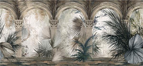 Tropikal Duvar Kağıdı | Botanik Yaprak Desenli Duvar Kağıdı | Kemerli Mimari Duvar Kağıdı