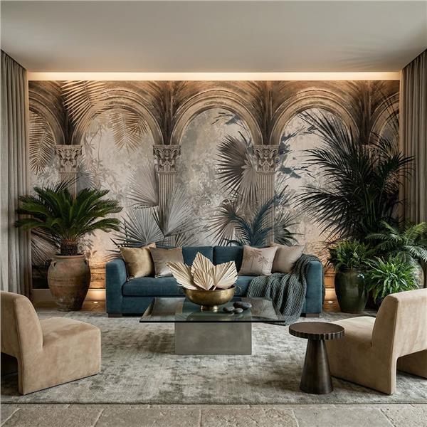 Tropikal Duvar Kağıdı | Botanik Yaprak Desenli Duvar Kağıdı | Kemerli Mimari Duvar Kağıdı