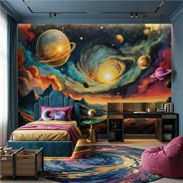 Uzay Duvar Kağıdı | Galaksi ve Gezegen Desenli Duvar Kağıdı | Çocuk Odası Duvar Kağıdı