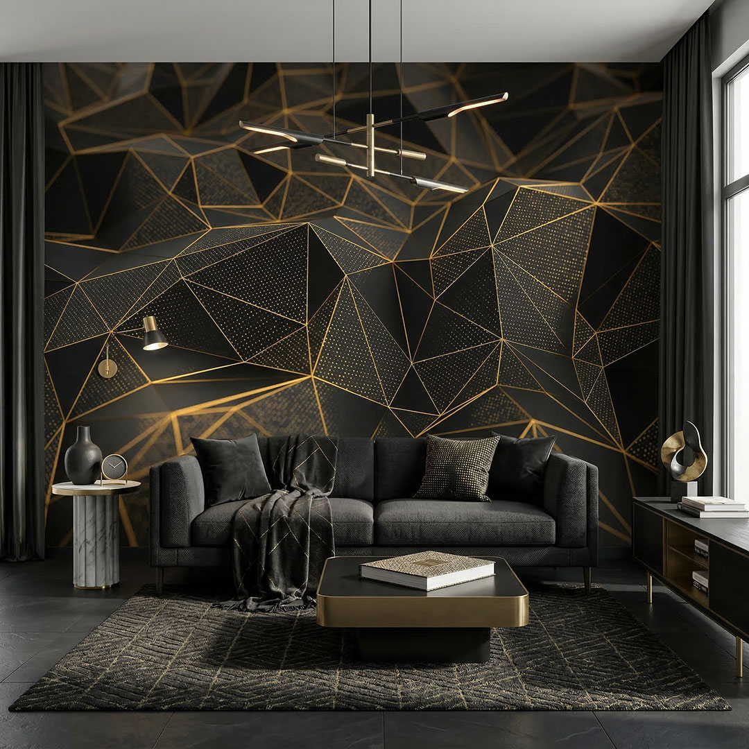 Gold Çizgili Modern Geometrik Desenli Derinlik Duvar Kağıdı