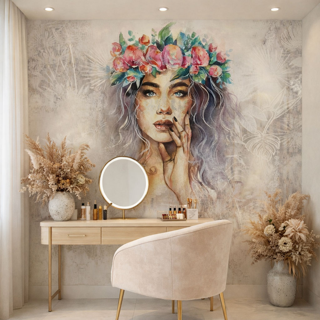 Çiçek Taçlı Kadın Portre Duvar Kağıdı – Kuaför ve Güzellik Salonu Duvar Kağıdı