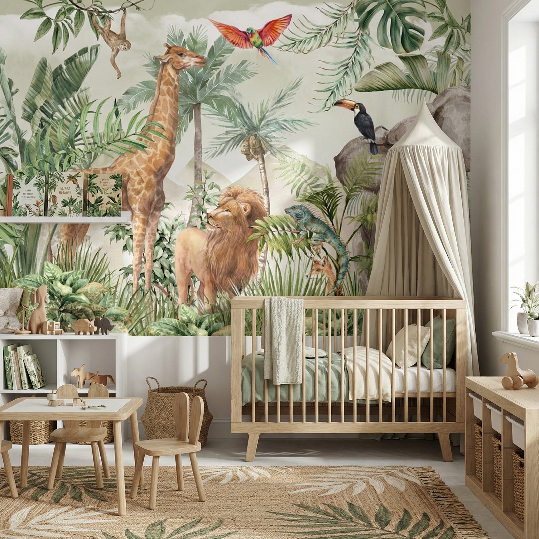 Safari hayvan figürleriyle tasarlanmış çocuk odası duvar kağıdı