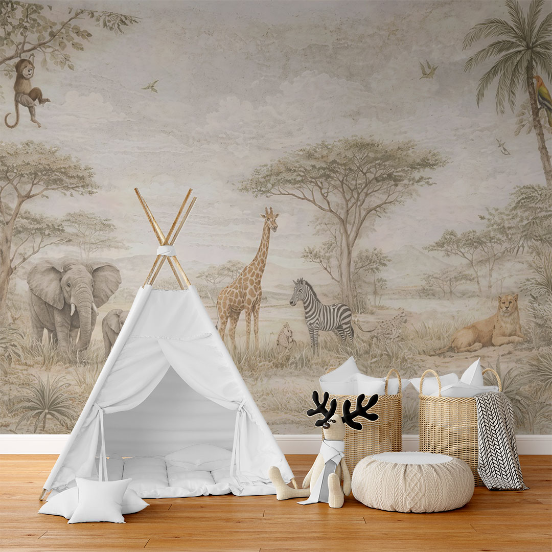 Sevimli Hayvanlar ve Eğitici Dünya Haritası Çocuk Odası Duvar Kağıdı