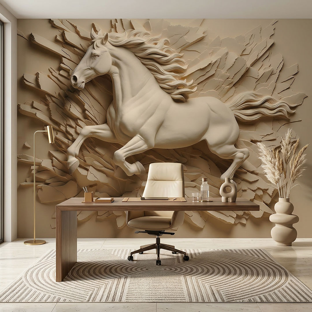 Heykelsi At Figürlü Duvar Kağıdı | Kırılan Duvar Efektli Sanatsal At Desenli Duvar Kağıdı | Premium Duvar Kaplama