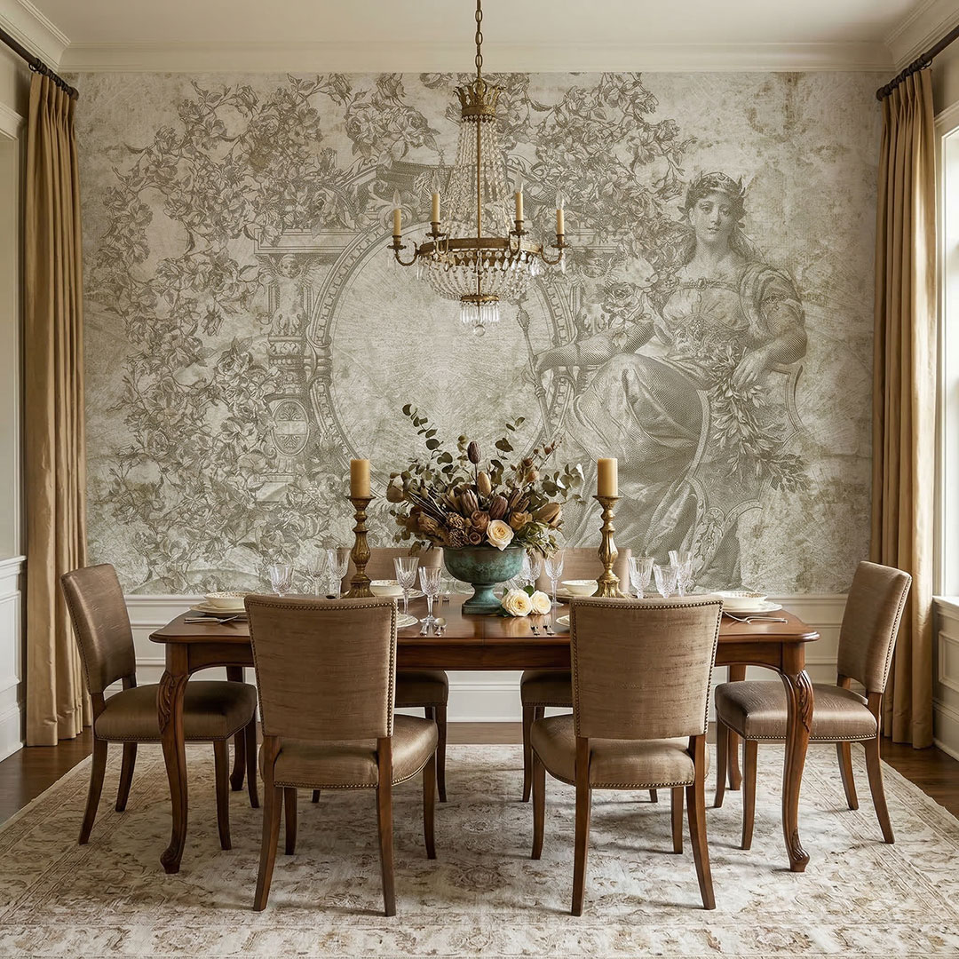 Klasik Gravür Antik Figür Duvar Kağıdı | Kemer ve Floral Desenli Sanatsal Duvar Kağıdı