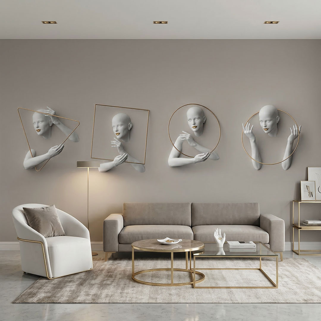 Modern Heykelsi Figür Desenli Duvar Kağıdı | Altın Geometrik Detaylı Sanatsal Duvar Kağıdı | Premium Duvar Kaplama