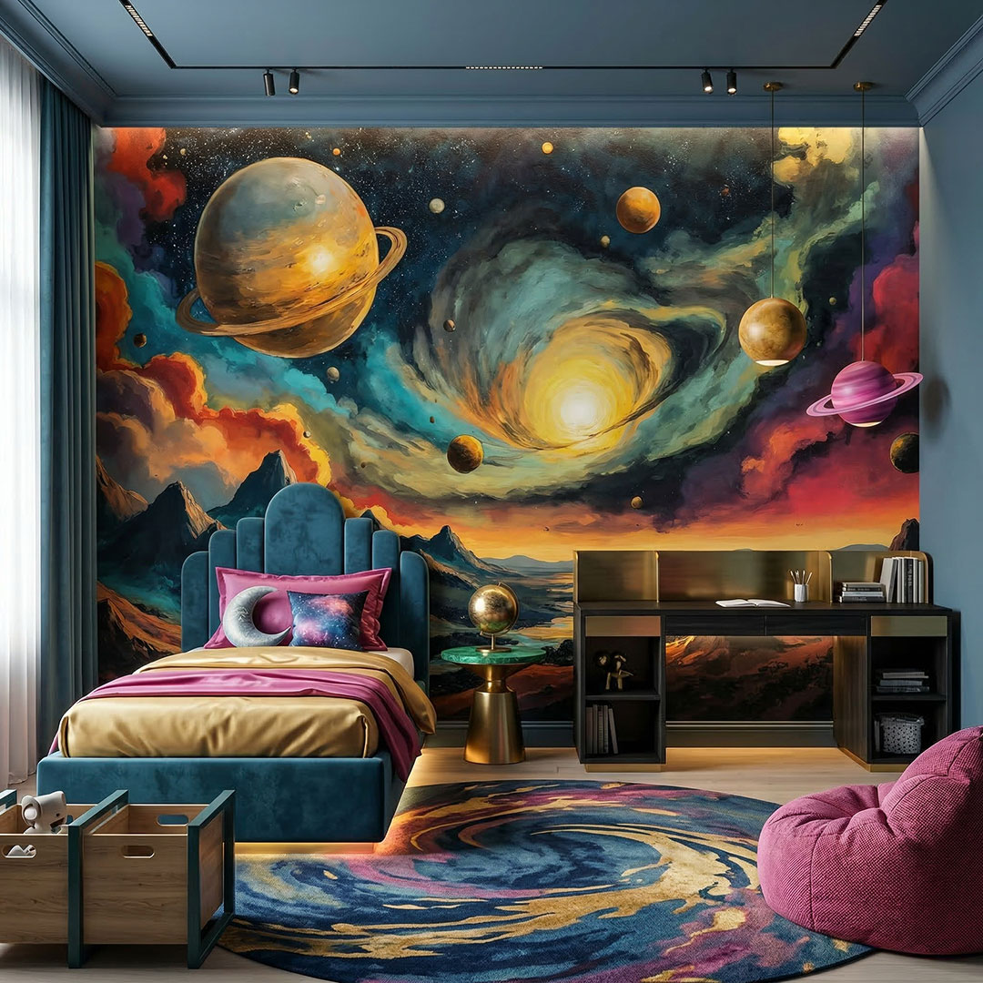 Uzay Duvar Kağıdı | Galaksi ve Gezegen Desenli Duvar Kağıdı | Çocuk Odası Duvar Kağıdı